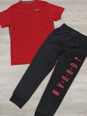 Nike Kids Red Dri-Fit Shirt Medium & Jordan Air Gray Joggers Small (8/10) Bundle
